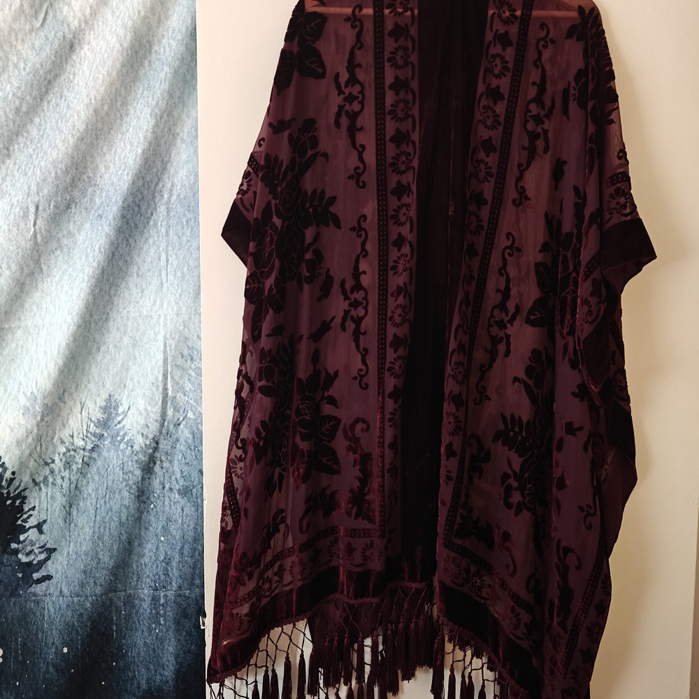 Elegant Purple Velvet Kimono with Fringe